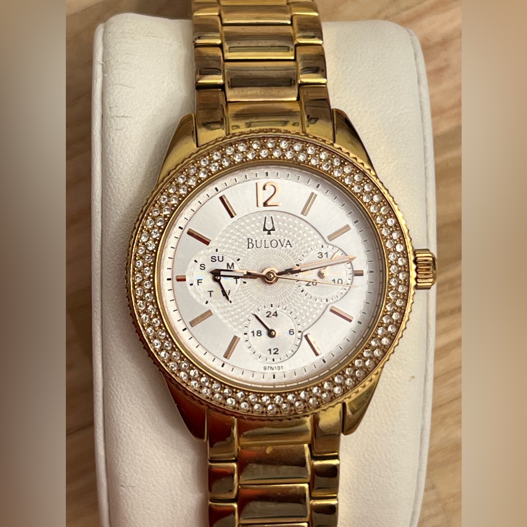 Bulova Ladies Watch Rose GoldTone White Silvery Dial Day Date Quartz 97n101
